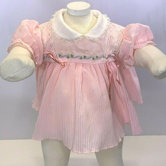 Vintage Infant Baby Doll Dress 6-9m Pink Lace Embroidery Accordion Pleats - Picture 1 of 3